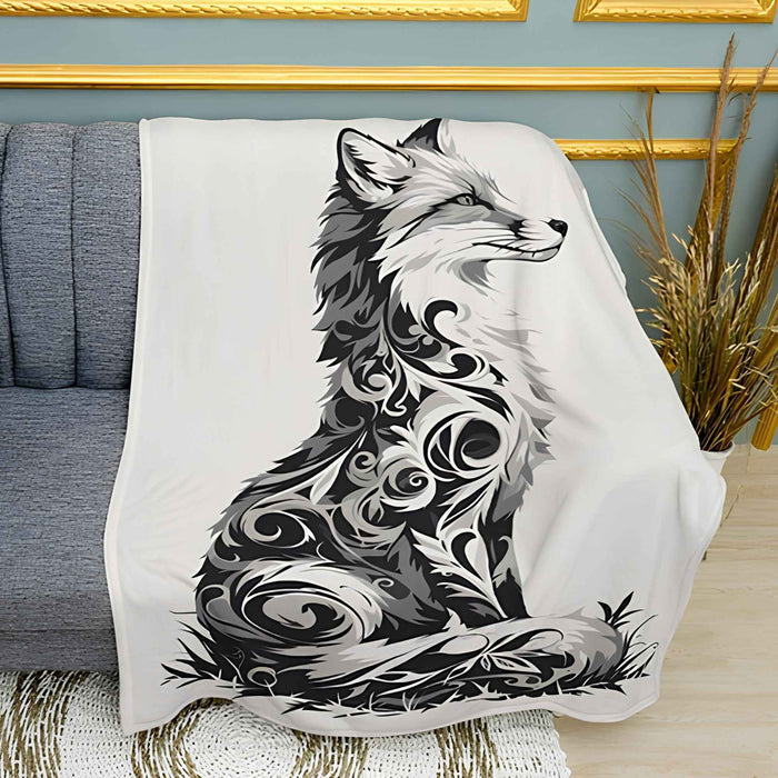 Geometric Pattern Fox Print Plush Fleece Throw Blanket