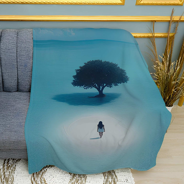Girl on the Island Beach Print Plush Fleece Throw Blanket