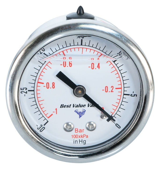 Glycerin Filled Vacuum Gauge with 1/4" NPT Back Mount -30inHg-0Psi