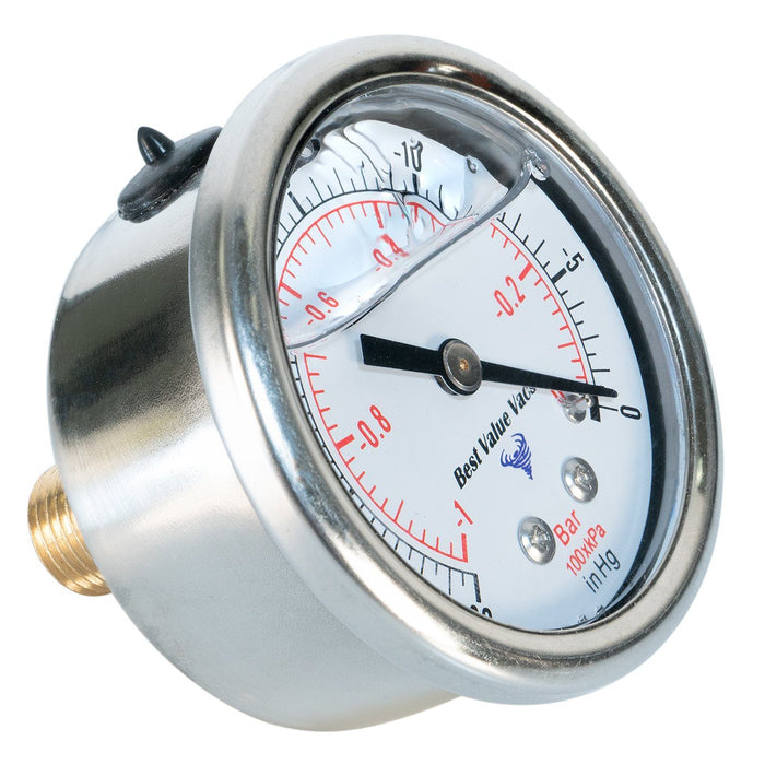 Glycerin Filled Vacuum Gauge with 1/4" NPT Back Mount -30inHg-0Psi