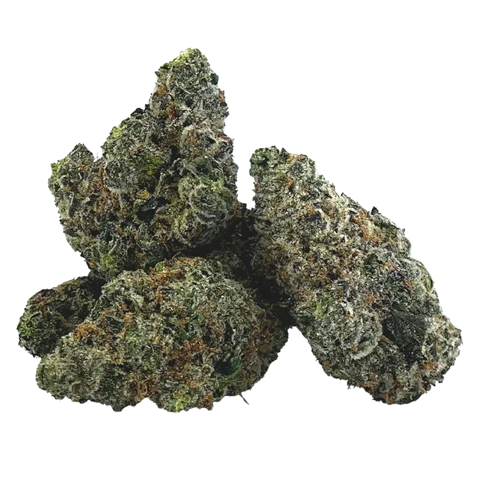 Close-up of frosty green and amber nugs arranged in a small pile, showing dense trichomes on the Gravity.