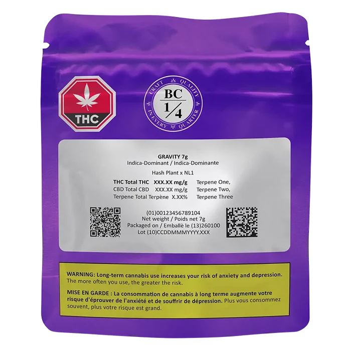 Rear view of the purple Gravity pouch showing labels, THC symbol, BC 1/4 seal, and a white panel of product and warning text.
