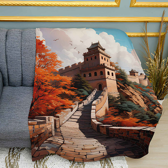 Great Wall of China Mosaic Art Print Plush Fleece Throw Blanket