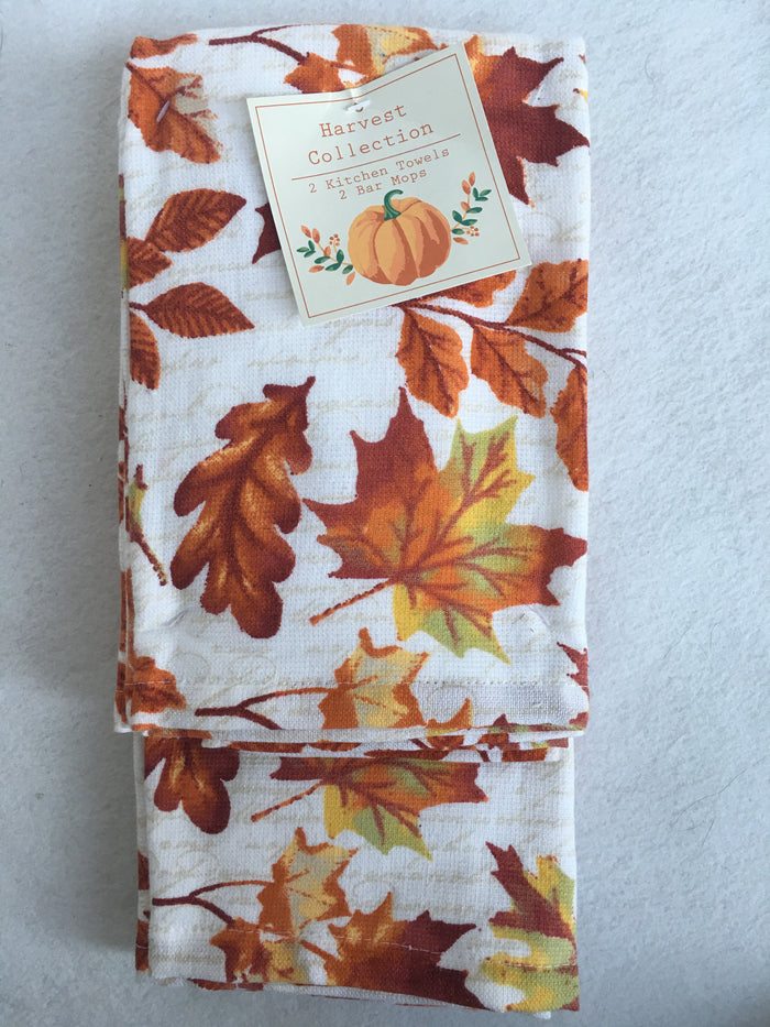 Harvest Autumn Leaves 2 Kitchen and 2 Bar Mops Towels