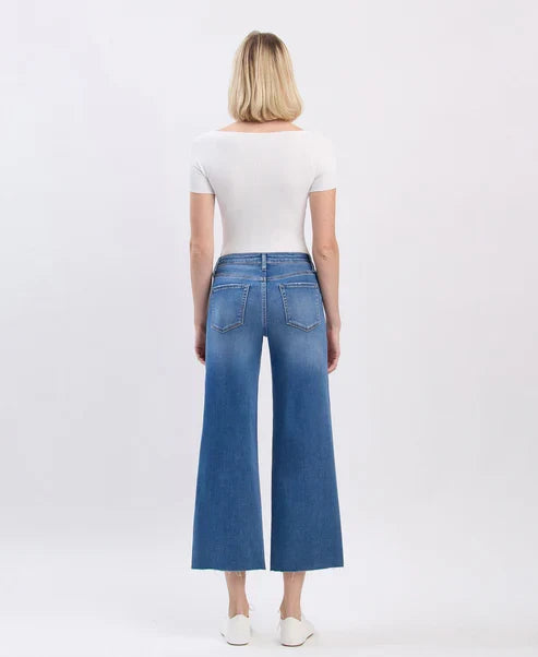 High Rise Clean Cut Raw Hem Crop Slim Wide Jeans