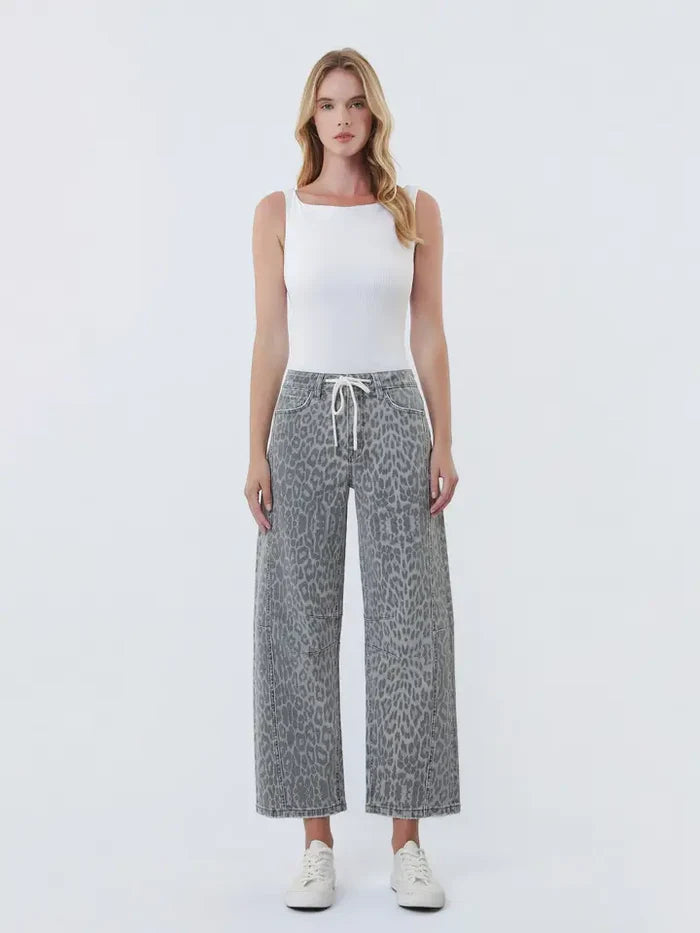 High Rise Drawstring Grey Leopard Barrel Jeans