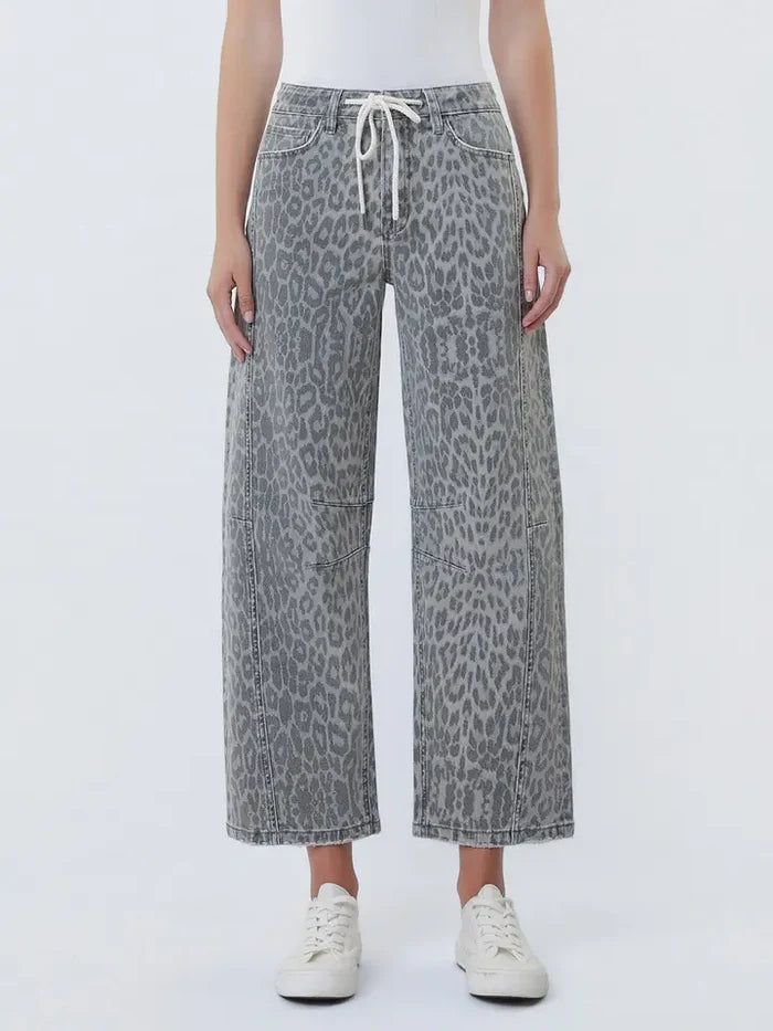 High Rise Drawstring Grey Leopard Barrel Jeans