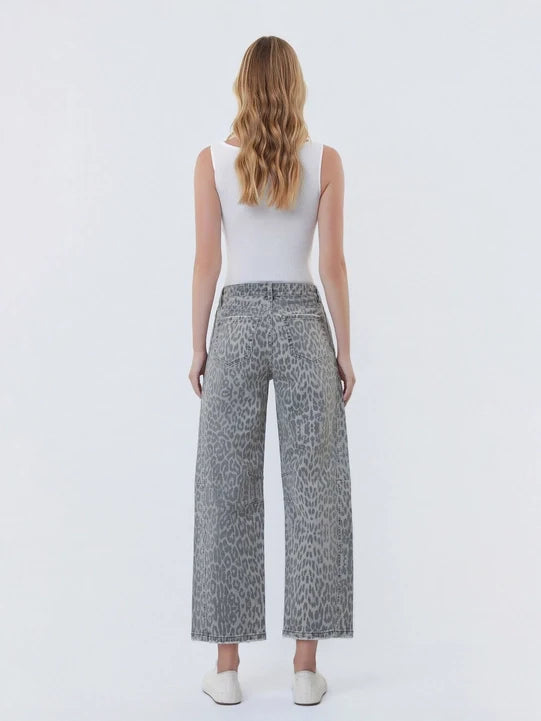 High Rise Drawstring Grey Leopard Barrel Jeans