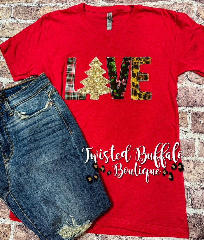 {I LOVE CHRISTMAS} Red V-Neck Tee