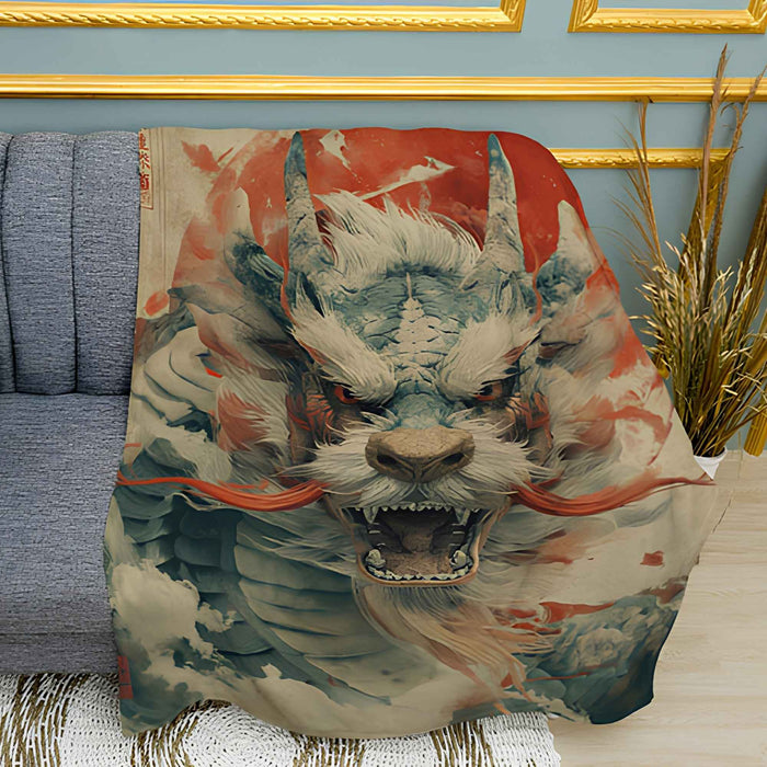 Japanese White Horned Dragon Print Plush Fleece Throw Blanket