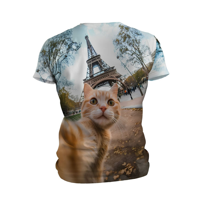 Kids Red Cat in Paris Print Athletic T-Shirt