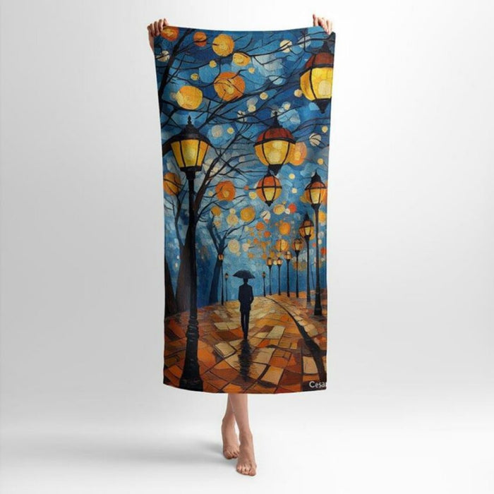Lanterns Evening Park Print - Soft Cotton Terry Bath & Beach Towel