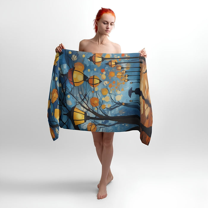 Lanterns Evening Park Print - Soft Cotton Terry Bath & Beach Towel