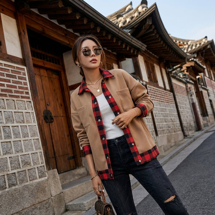 Veste longue légère taupe, style minimaliste K-fashion pour femme.