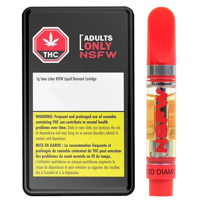 Right-side close-up of the Lime Licker NSFW Vape Cartridge showing a red-topped clear cartridge half-filled with golden oil next to its black warning-labeled tin.