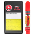 Right-side close-up of the Lime Licker NSFW Vape Cartridge showing a red-topped clear cartridge half-filled with golden oil next to its black warning-labeled tin.