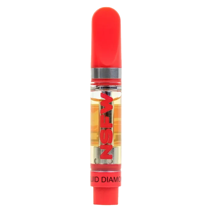 Centered front view of the Lime Licker NSFW Vape Cartridge with a red mouthpiece and visible amber oil in a clear chamber labeled NSFWM.