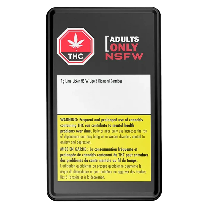 Top-down view of a black package labeled "Lime Licker NSFW Vape Cartridge" with a red THC stop sign, "ADULTS ONLY NSFW" text, and a yellow bilingual warning panel.
