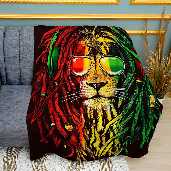 Lion in Headphones Rasta Style Print Plush Fleece Throw Blanket