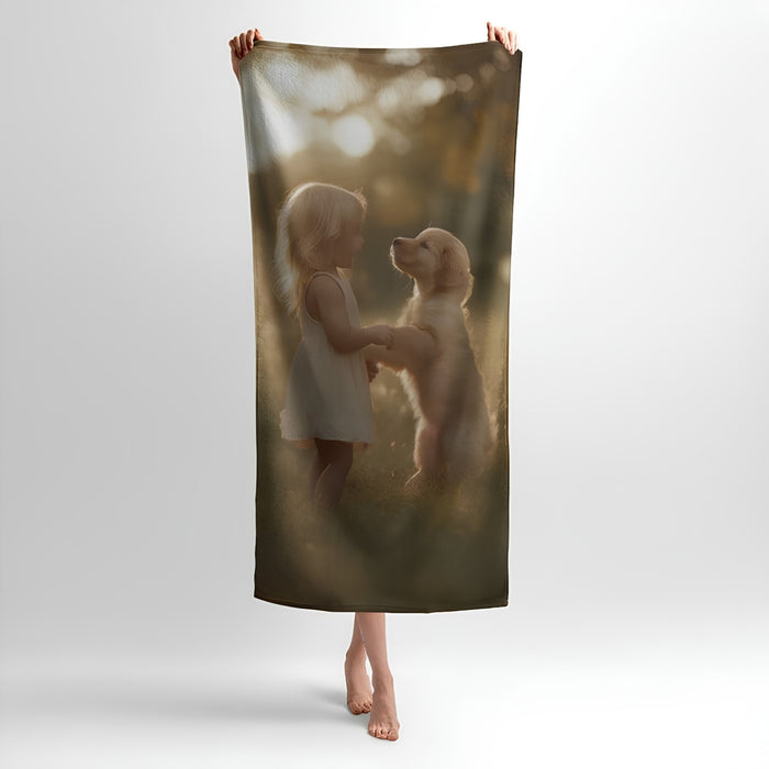 Little Girl and Puppy Print - Soft Cotton Terry Bath & Beach Towel