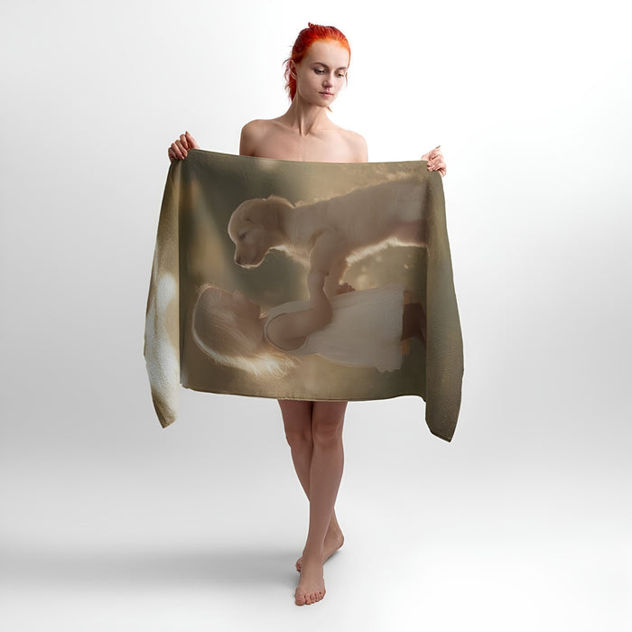 Little Girl and Puppy Print - Soft Cotton Terry Bath & Beach Towel