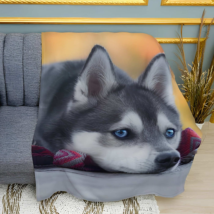 Little Husky Puppy Print Plush Fleece Throw Blanket