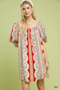 Mixed Print Puff Sleeve Mini Dress