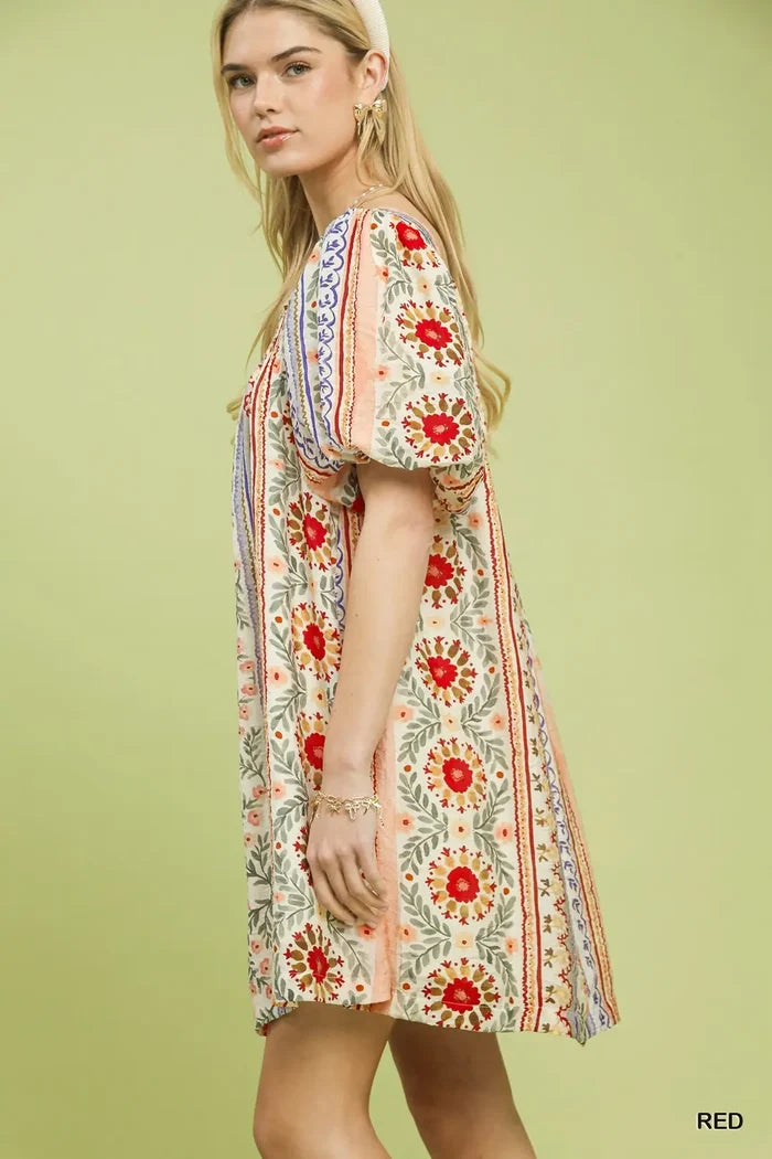 Mixed Print Puff Sleeve Mini Dress