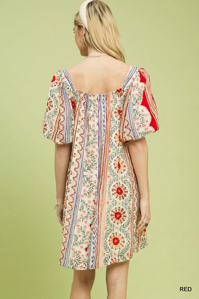 Mixed Print Puff Sleeve Mini Dress