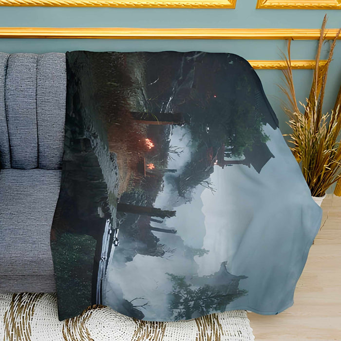 Mysterious Mountain Temple Print Plush Fleece Throw Blanket