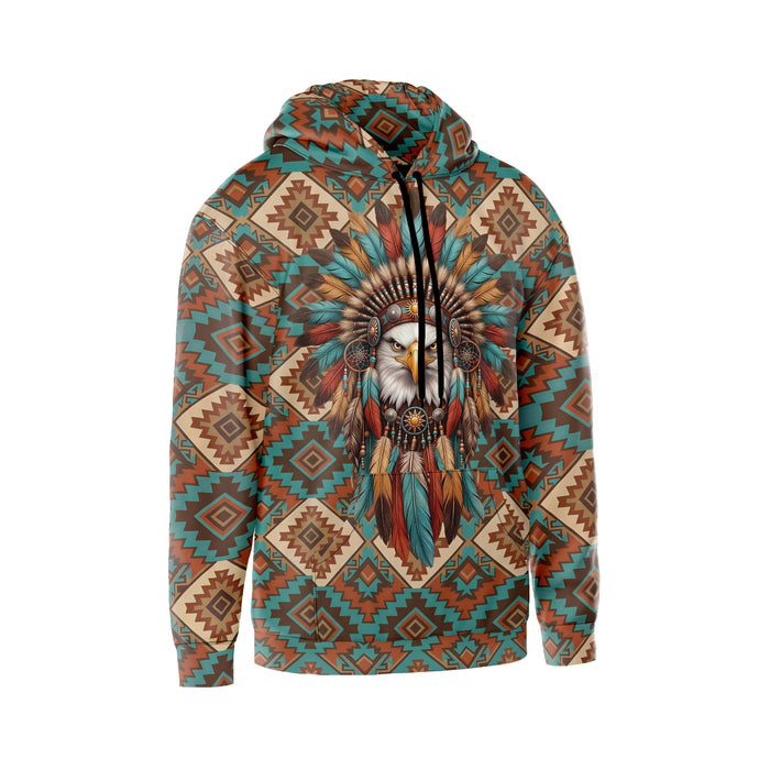 Native American Eagle Leader Graphic Fleece Hoodie with Tribal Art Design