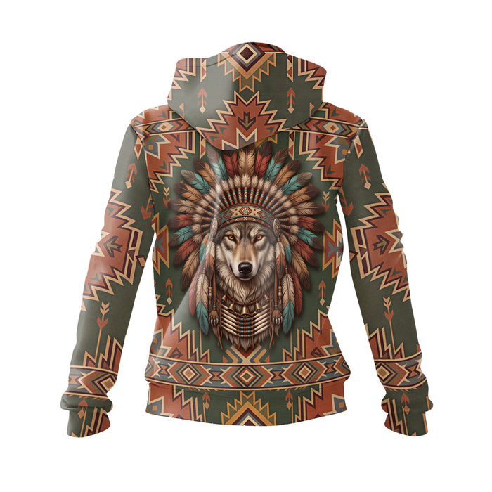 Native American Indian Wolf Graphic Hoodie Women's Fleece Pullover