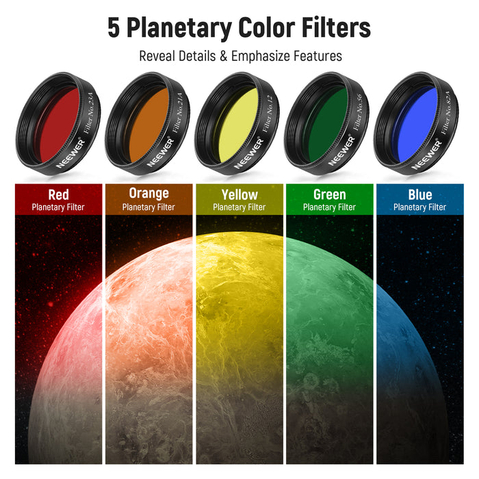 This telescope eyepiece filter set includes 5 Planetary Color Filter