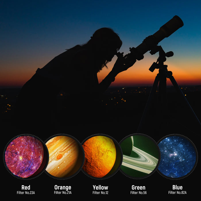 5 planetary filters in red, orange, yellow, green, and blue reveal details