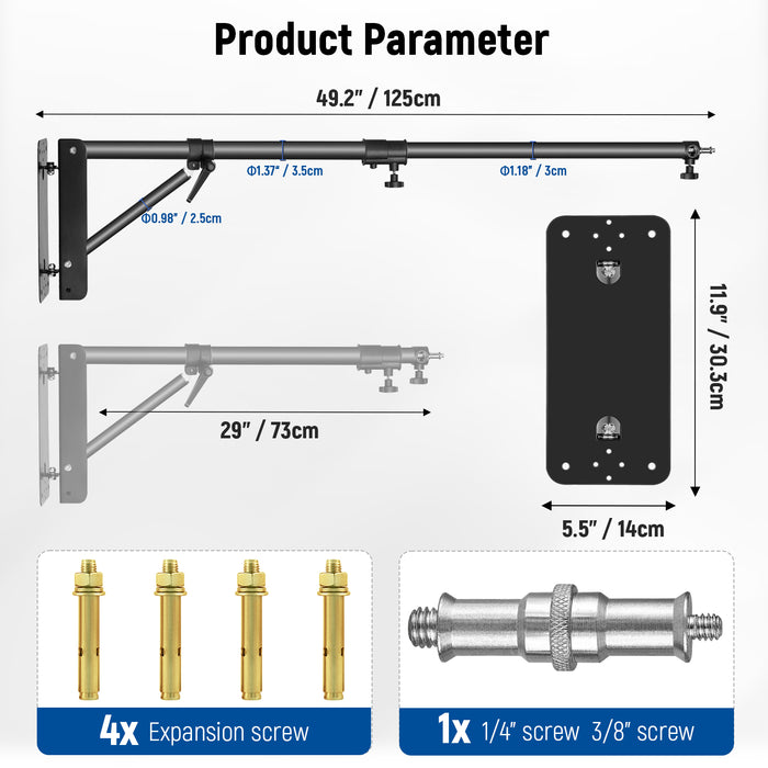 Product Parameter of the NEEWER 125CM Triangle Wall Mounting