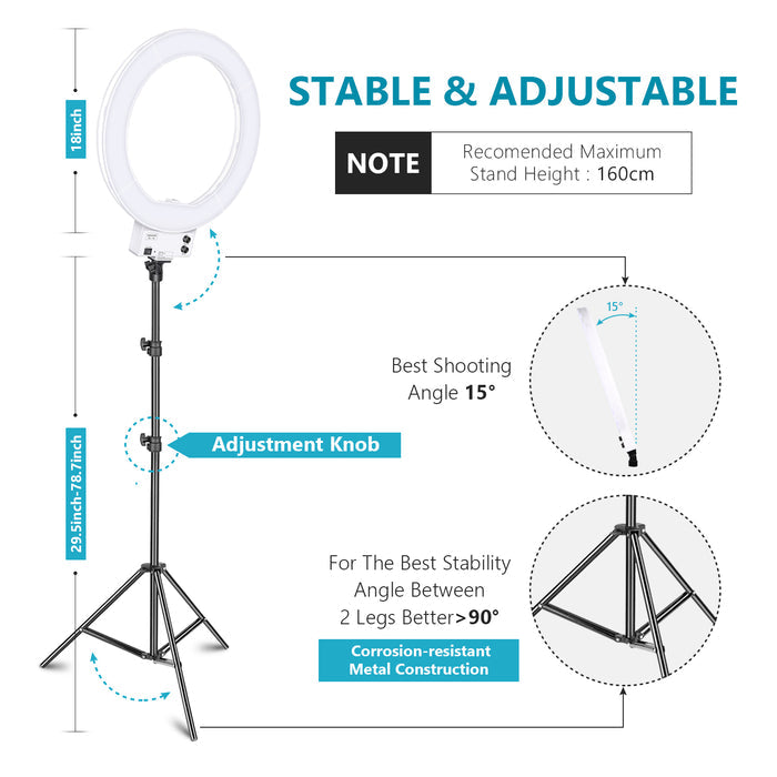 NEEWER 18" White Dimmable Bi-color LED Ring Light Kit is stable and adjustable.