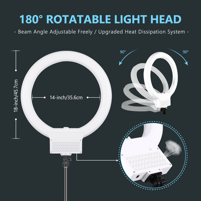 NEEWER 18" White Dimmable Bi-color LED Ring Light Kit features 180° rotatable light head.