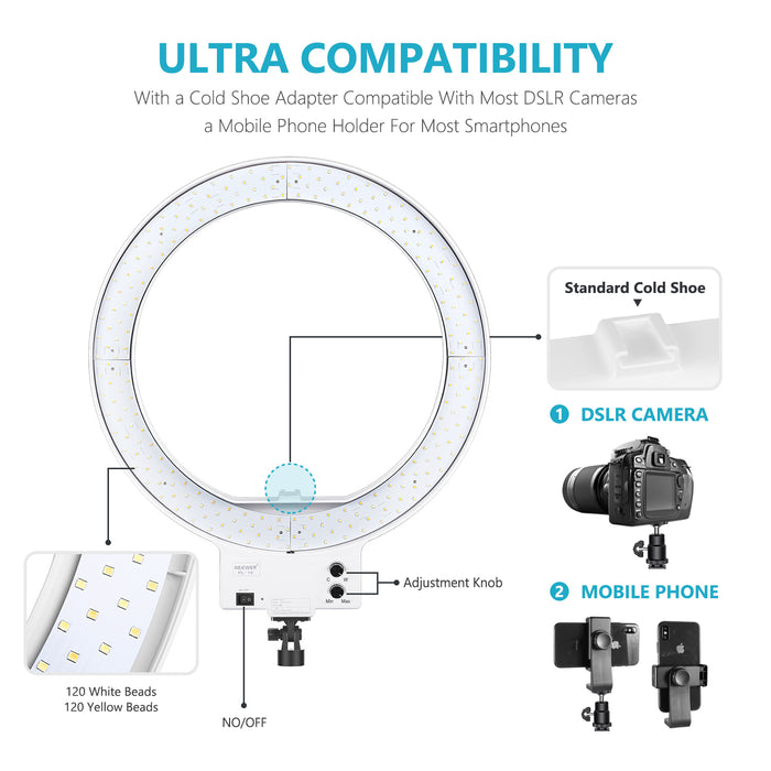 NEEWER 18" White Dimmable Bi-color LED Ring Light Kit has ultra compatibility.