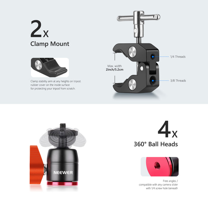 NEEWER Aluminum Alloy Camera Slider Support Arm Kit includes two C-Clamps and four ball heads.