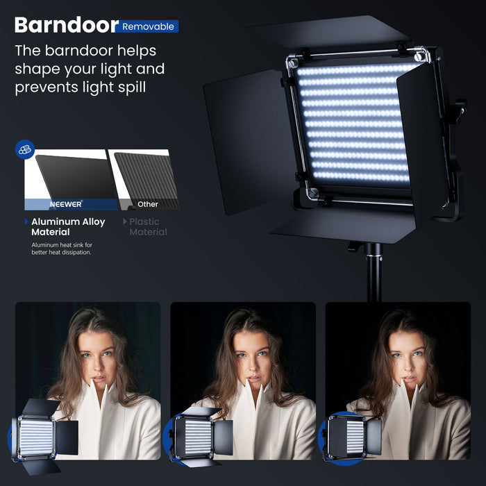 NEEWER NL660 Bi-Color 660 LED Video Light features the metal barn door.