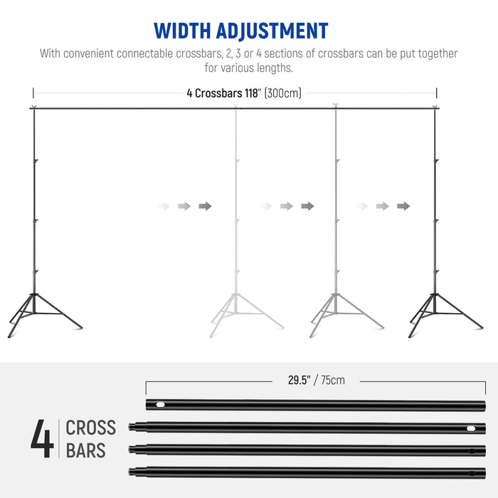Easily adjust horizontal rod length by connecting 1, 2, 3 or 4 sections of crossbars to fit backdrops of different sizes