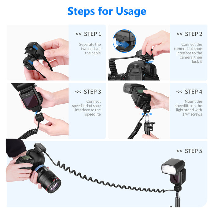 Usage instructions of the NEEWER 1.3m TTL Off Camera Flash Speedlite Cord For Canon