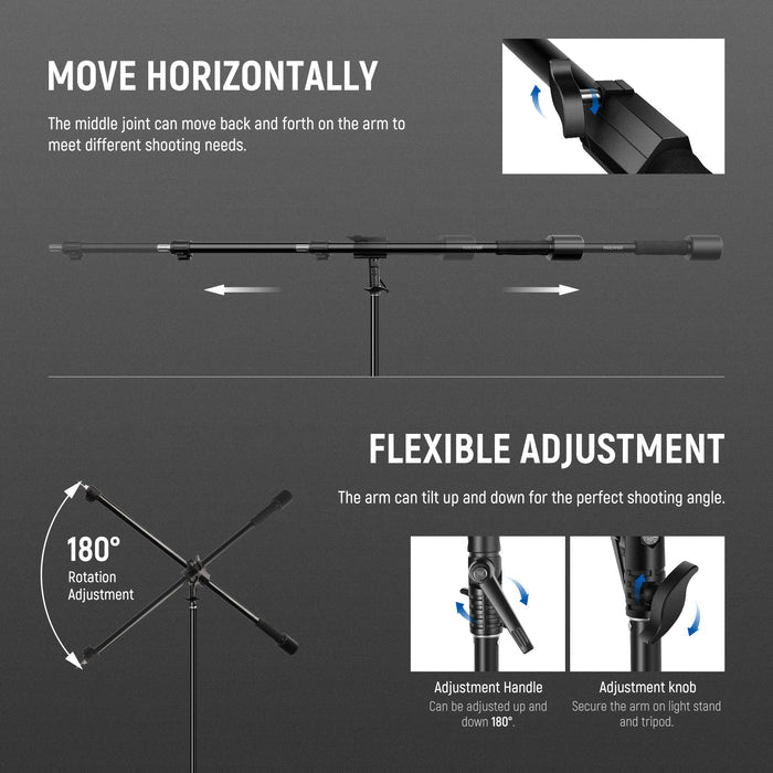 NEEWER 90-160cm Tripod Boom Arm can tilt up and down for the perfect shooting angle.