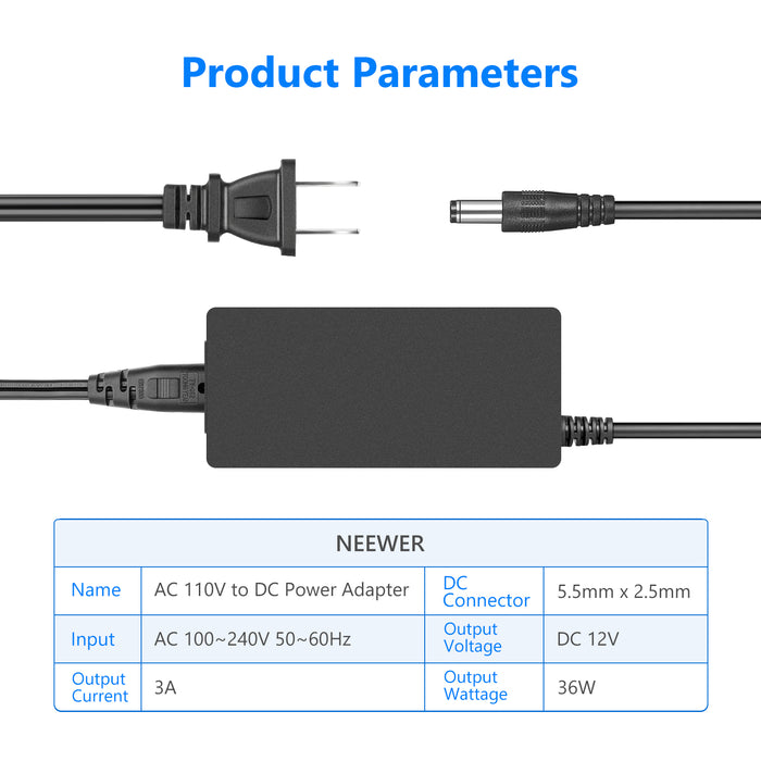 NEEWER AC 100-240V to DC 12V Power Supply Adapter (5A 60W / 3A 36W)