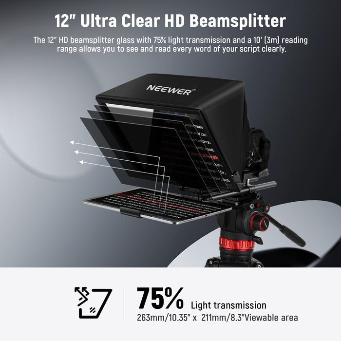NEEWER C12 Camera Teleprompter features the 12" HD beamsplitter glass with 75% light transmission.