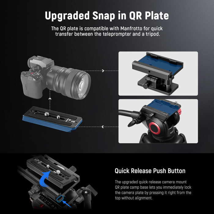 NEEWER C12 Camera Teleprompter features the upgraded quick release camera mount QR plate camp base