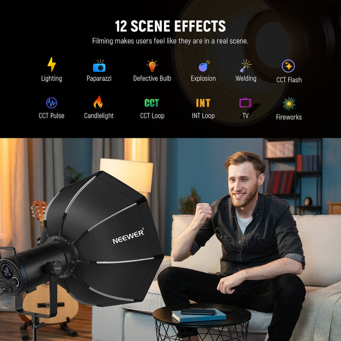 NEEWER CB200B Bi-Color Studio LED Light features 12 scene effects.