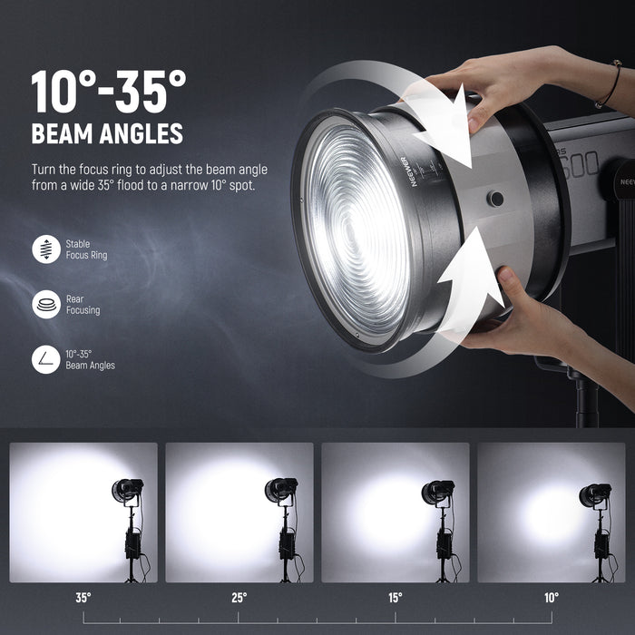 Turn the focus ring to adjust the beam angle from a wide 35° flood to a narrow 10° spot.