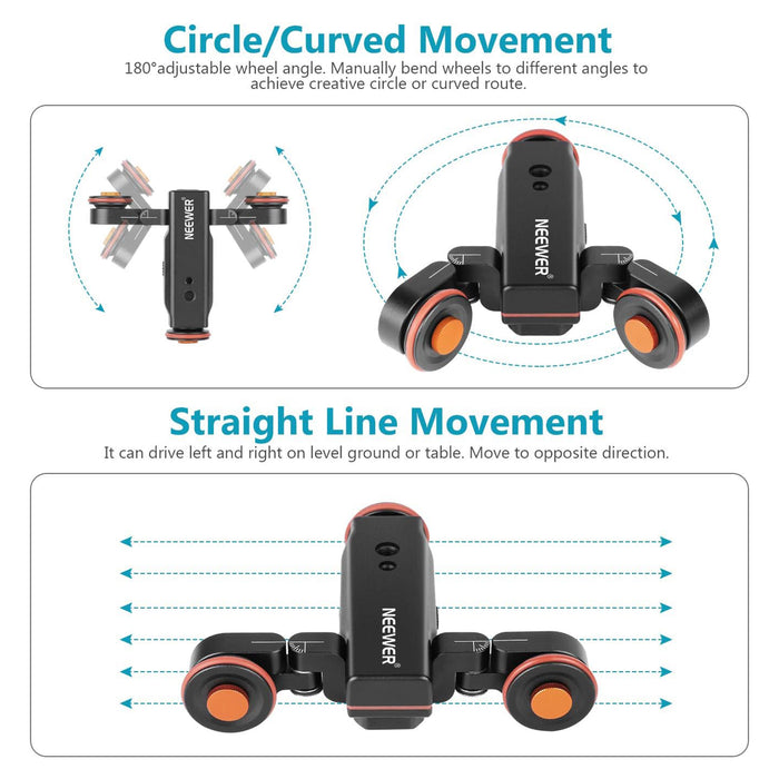 Two wheels with 90° angle adjustment enable the dolly to move in circular or linear paths.