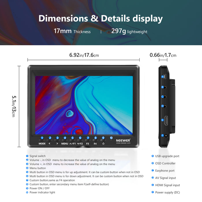 Product details of the NEEWER F100 External Camera Monitor
